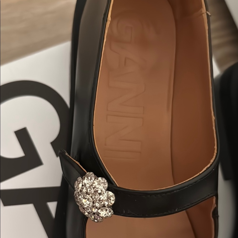 GANNI Black Leather Classic Mary Jane Ballerinas - Picture 2 of 11